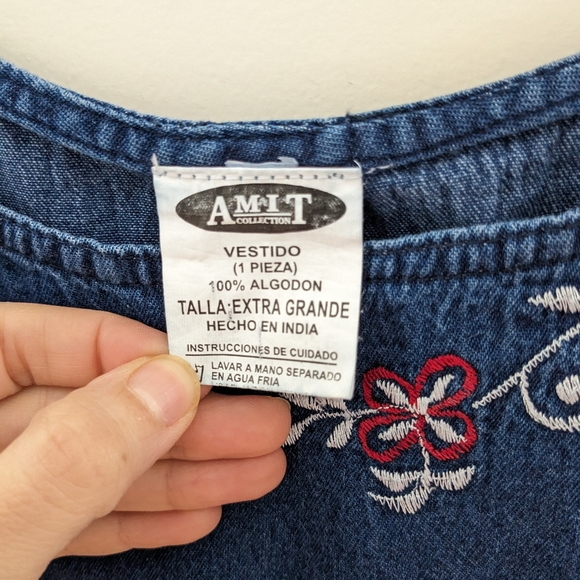 Vintage Cotton Chambray Denim Maxi Sleeveless Dress Artsy Embroidered Size XL - Picture 7 of 7